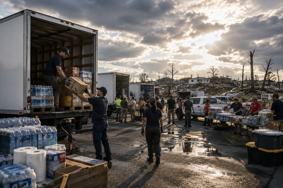 Box trucks filled with disaster relief supplies are emptied by volunteers.