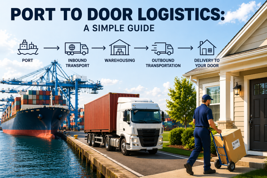 Port-to-door logistics workflow showing inbound transportation, warehousing, outbound distribution, and final mile delivery to customer doorstep.