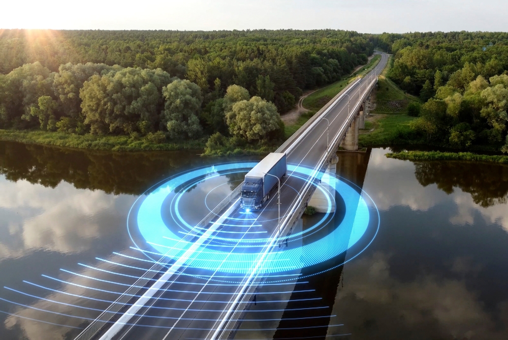 Truck with digital marker on a bridge