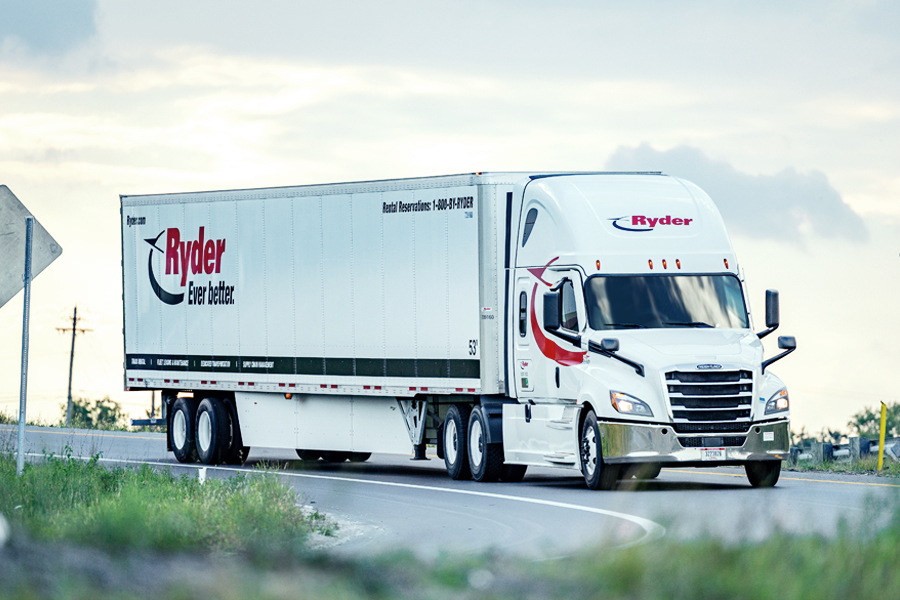 A Ryder semi-truck delivering goods as part of our dedicated transportation solutions