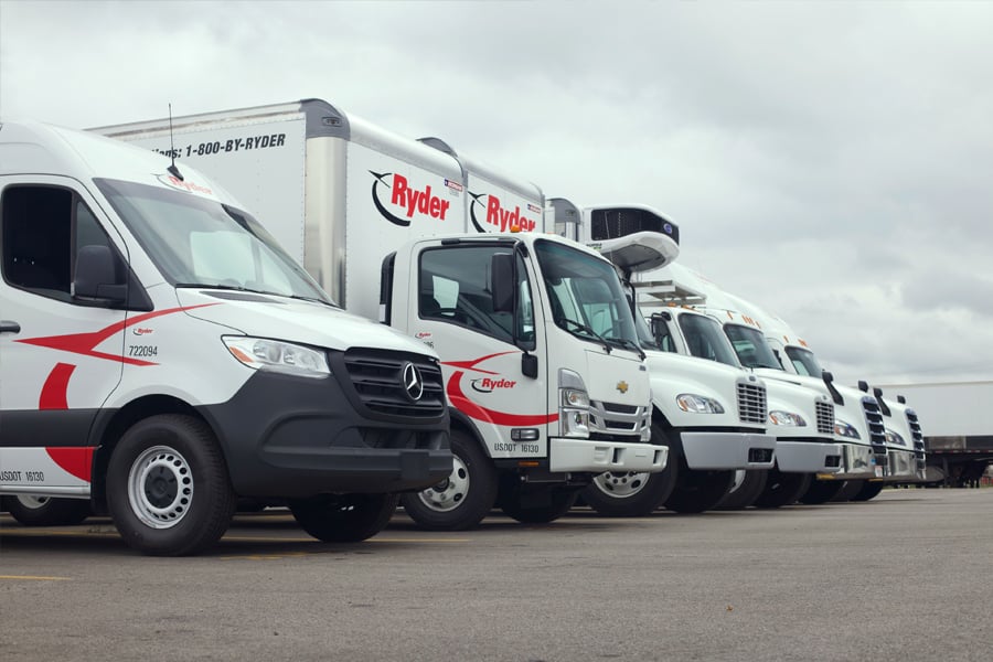 Full fleet of Ryder vehicles lines up outside