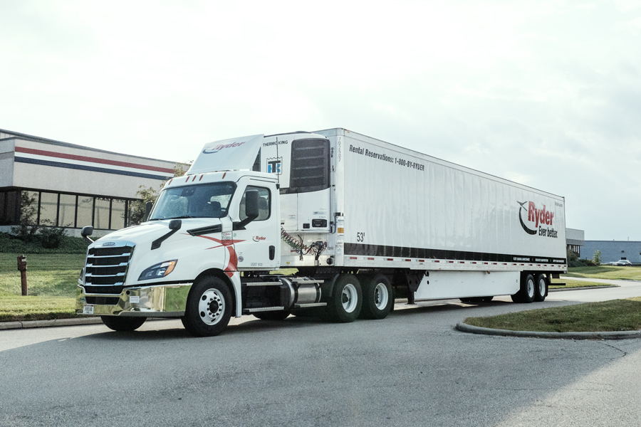 A Ryder semi-truck heading out on its dedicated route