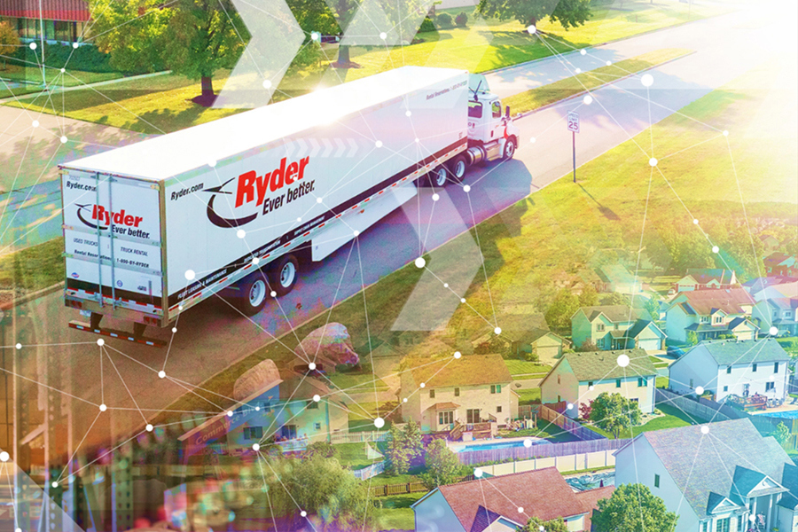 A Ryder semi truck fulfilling port to door solutions