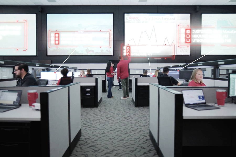 Ryder transportation management team monitoring freight in a logistics control center