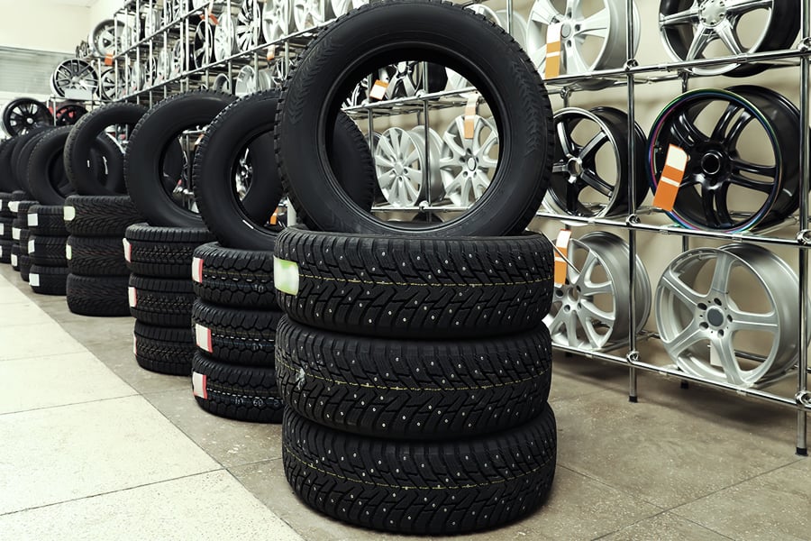 Wheels and tires on display at a tire shop