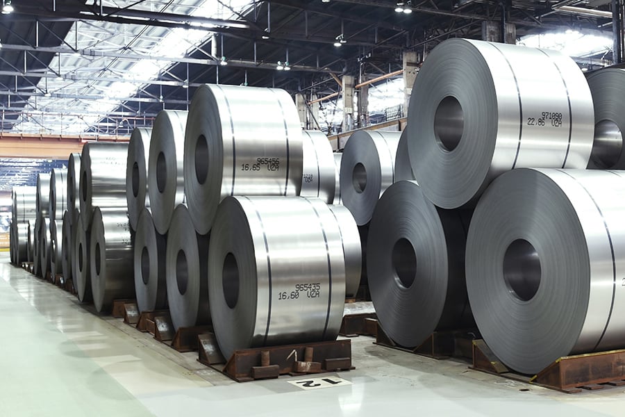 Collection of steel coils in a warehouse