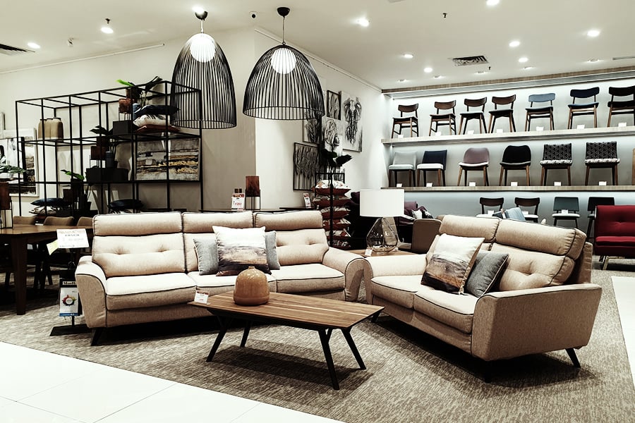 Living room setup on display at a high end furniture store