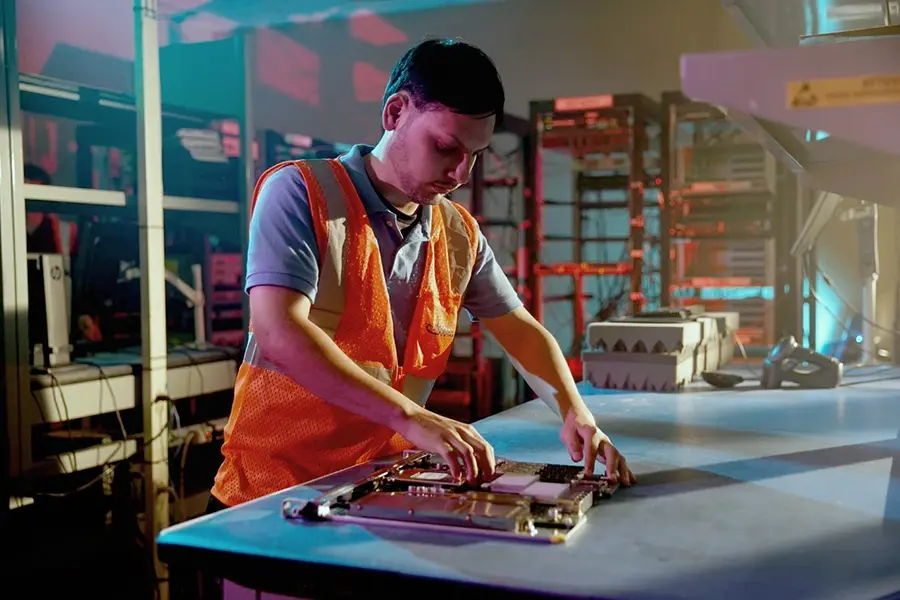 Ryder technician in a safety vest assembling electronic components at a workstation Ryder technician in a safety vest assembling electronic components at a workstation
