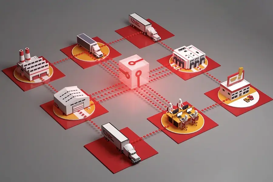 Illustration of a Ryder logistics network connecting suppliers, warehouses, and delivery trucks Illustration of a Ryder logistics network connecting suppliers, warehouses, and delivery trucks