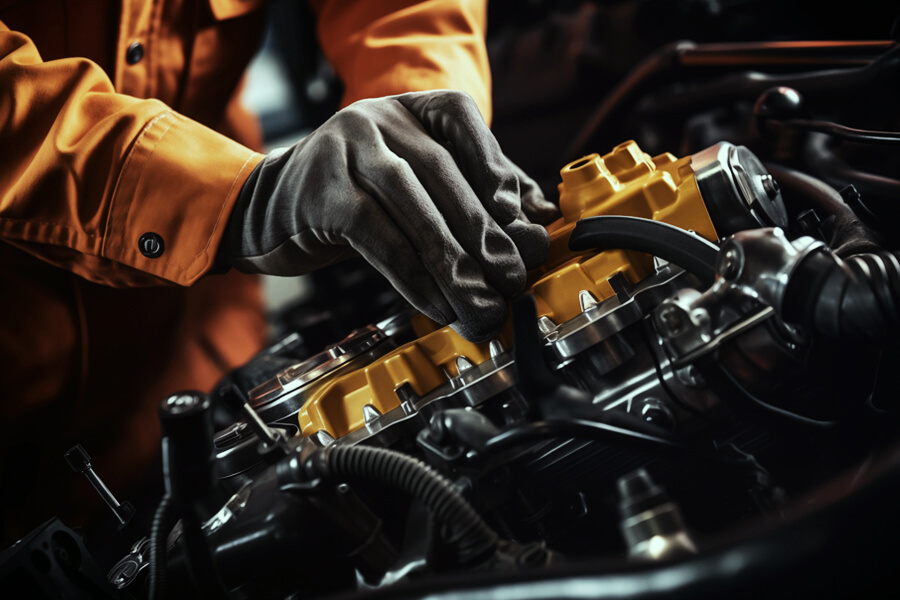 Técnico colocando mangueras en un motor nuevo.