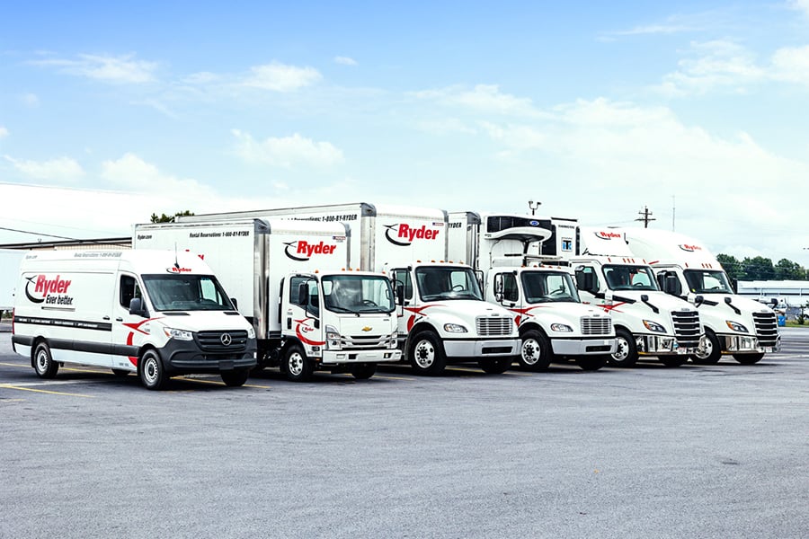 Ryder trucks available for rental lined up outsite of a Ryder rental location