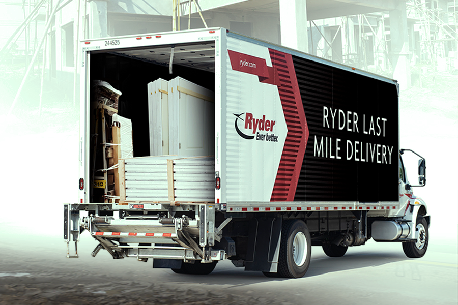 A Ryder last mile delivery box truck delivering materials