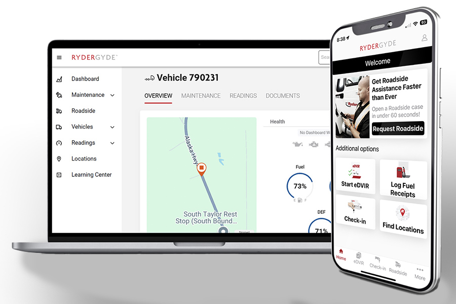 Dashboard views of both the mobile and desktop versions of Rydergyde