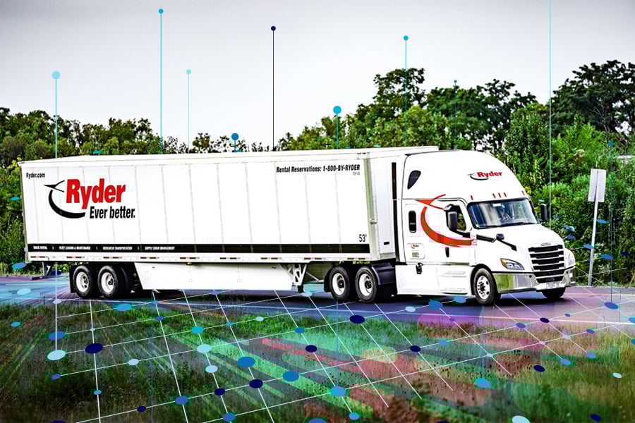Semi-truck from the Ryder transportation management fleet driving to it's destination